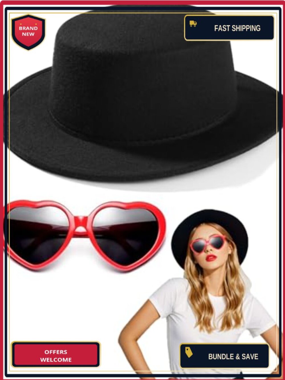 Unisex Black Fedora Hat & Red Heart Sunglasses Costume Set Wide Brim